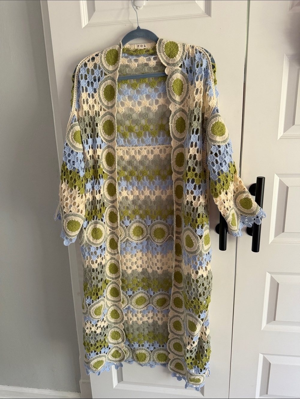 POL Crochet Open Front Duster Cardigan in Cream, Light Blue & Olive one size
